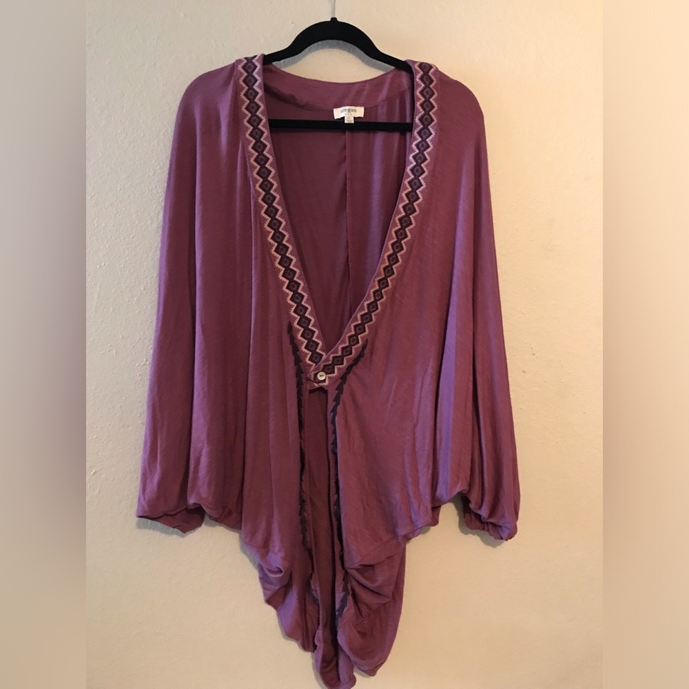 Umgee Plum Open-Front Cardigan with Geometric Trim M/L